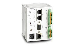 Programmable Logic Controller (PLC) with input-output terminals and communication ports used in industrial automation.